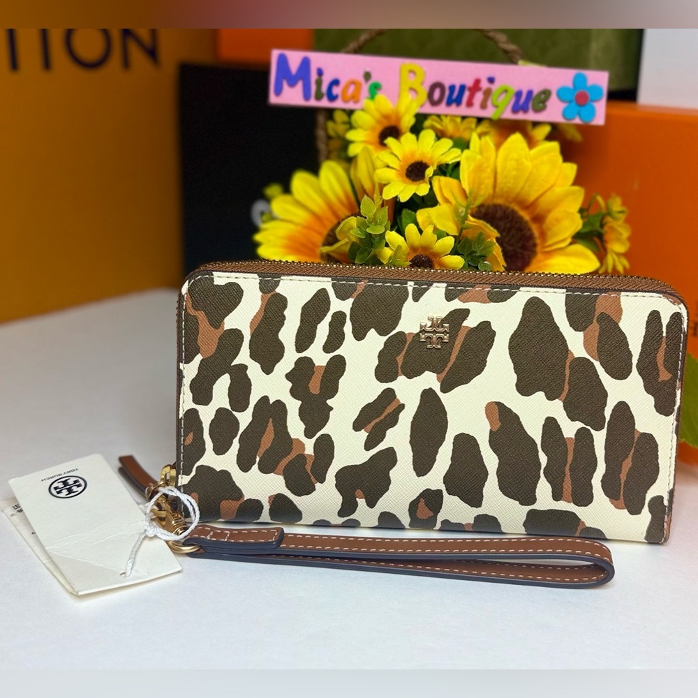 🆕 TORY BURCH EMERSON Printed ZIP CONTINENTAL WALLET ~Beige Reva Leopard~AUTH🔥